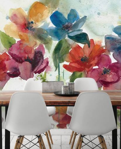 red orange and blue customisable floral wallpaper mural called Flower Dance by Carol Robinson for living room red orange and blue customisable floral wallpaper mural called Flower Dance by Carol Robinson for living room