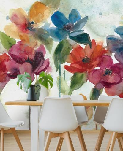 red orange and blue customisable floral wallpaper mural called Flower Dance by Carol Robinson for living room red orange and blue customisable floral wallpaper mural called Flower Dance by Carol Robinson for living room