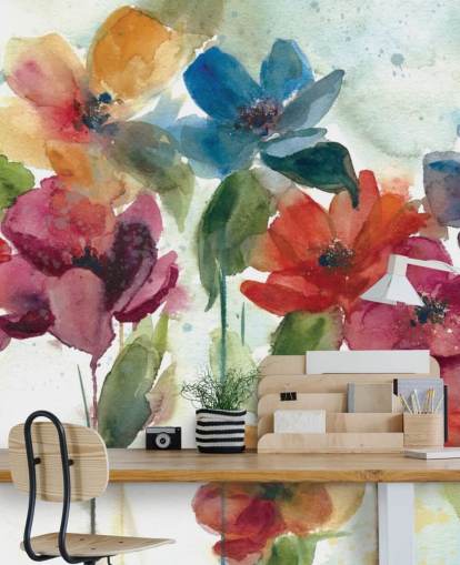 Personalisierbare Blumentapete in Rot, Orange und Blau namens Flower Dance von Carol Robinson für das Wohnzimmer Personalisierbare Blumentapete in Rot, Orange und Blau namens Flower Dance von Carol Robinson für das Wohnzimmer