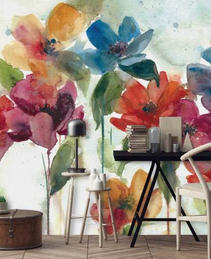 red orange and blue customisable floral wallpaper mural called Flower Dance by Carol Robinson for living room red orange and blue customisable floral wallpaper mural called Flower Dance by Carol Robinson for living room