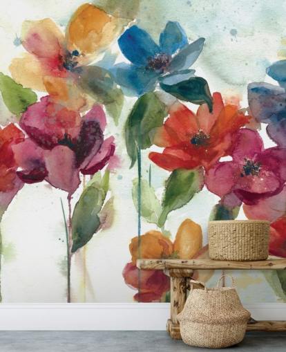 röd orange och blå anpassningsbar blommig tapetväggmålning kallad Flower Dance av Carol Robinson för vardagsrummet röd orange och blå anpassningsbar blommig tapetväggmålning kallad Flower Dance av Carol Robinson för vardagsrummet