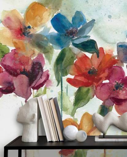 red orange and blue customisable floral wallpaper mural called Flower Dance by Carol Robinson for living room red orange and blue customisable floral wallpaper mural called Flower Dance by Carol Robinson for living room