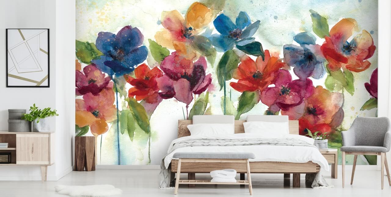 red orange and blue customisable floral wallpaper mural called Flower Dance by Carol Robinson for living room