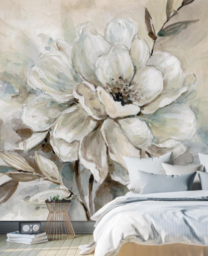 vit anpassad blommig tapetväggmålning kallad Neutral Bloom av Carol Robinson för vardagsrum vit anpassad blommig tapetväggmålning kallad Neutral Bloom av Carol Robinson för vardagsrum