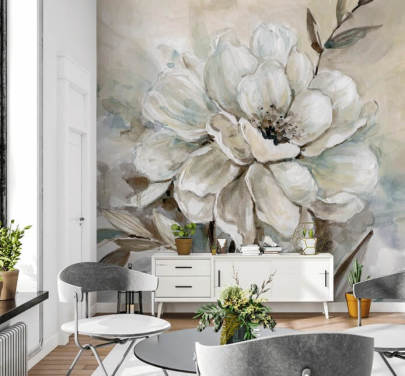 vit anpassad blommig tapetväggmålning kallad Neutral Bloom av Carol Robinson för vardagsrum