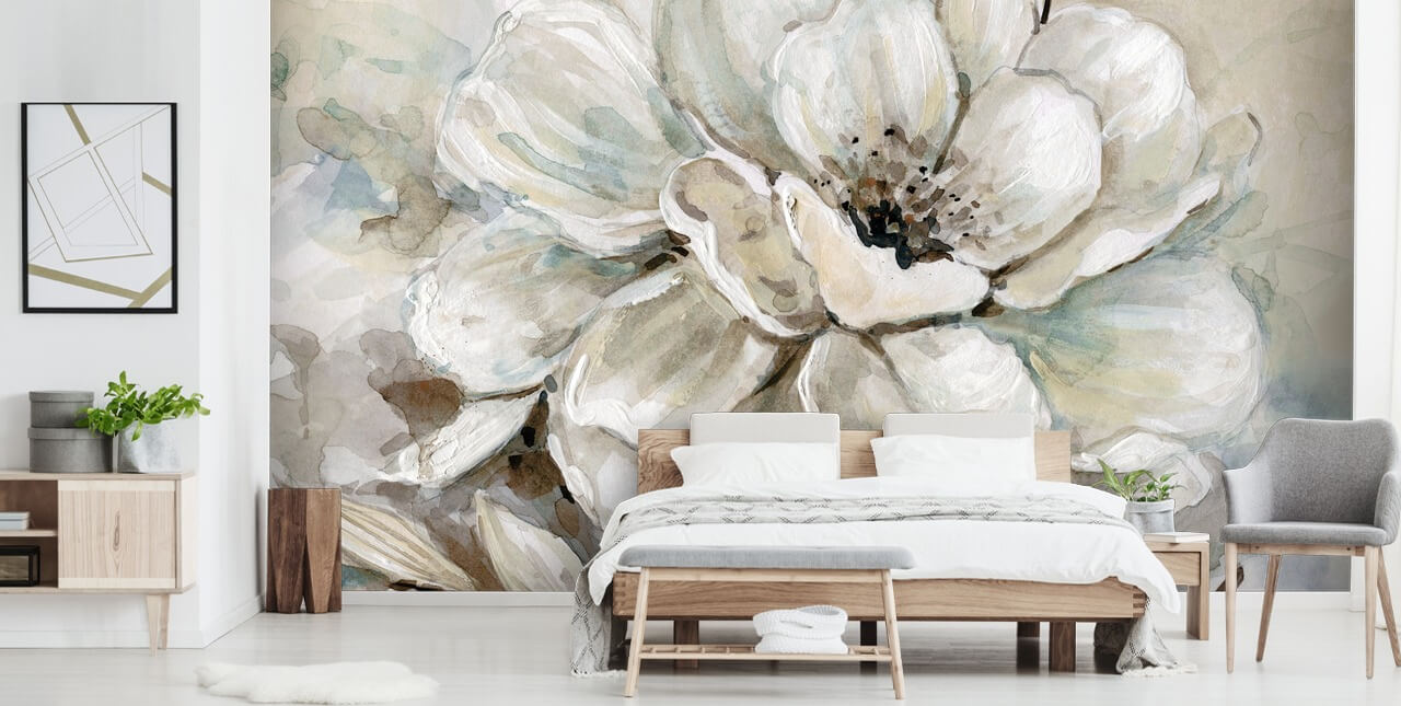 white custom floral wallpaper mural called Neutral Bloom by Carol Robinson for living rooms