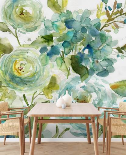 mural de papel de parede floral personalizado azul e verde chamado Cool Watercolor Floral de Carol Robinson para salas de estar mural de papel de parede floral personalizado azul e verde chamado Cool Watercolor Floral de Carol Robinson para salas de estar