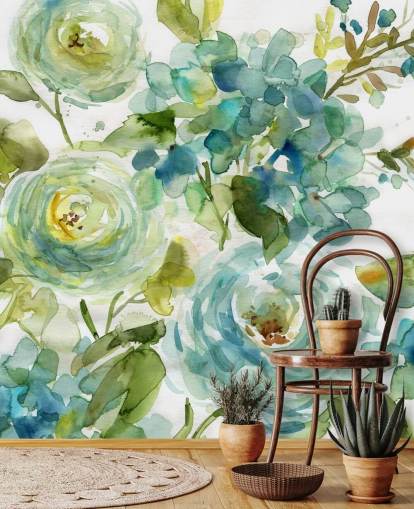 blue and green custom floral wallpaper mural called Cool Watercolor Floral by Carol Robinson for living rooms blue and green custom floral wallpaper mural called Cool Watercolor Floral by Carol Robinson for living rooms