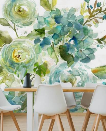 blue and green custom floral wallpaper mural called Cool Watercolor Floral by Carol Robinson for living rooms blue and green custom floral wallpaper mural called Cool Watercolor Floral by Carol Robinson for living rooms