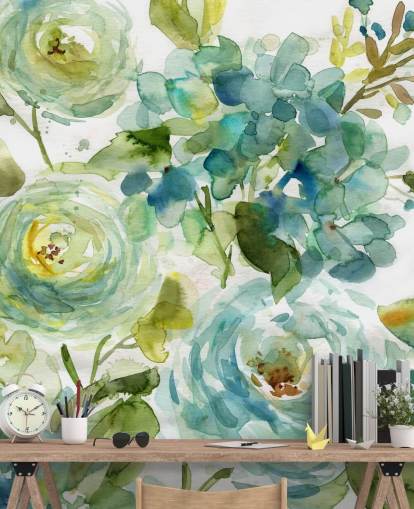 blue and green custom floral wallpaper mural called Cool Watercolor Floral by Carol Robinson for living rooms blue and green custom floral wallpaper mural called Cool Watercolor Floral by Carol Robinson for living rooms