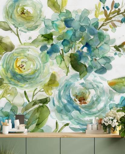 blå og grøn brugerdefineret blomstertapet vægmaleri kaldet Cool Watercolor Floral af Carol Robinson til stuer blå og grøn brugerdefineret blomstertapet vægmaleri kaldet Cool Watercolor Floral af Carol Robinson til stuer