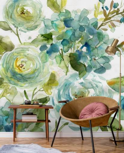 blå og grøn brugerdefineret blomstertapet vægmaleri kaldet Cool Watercolor Floral af Carol Robinson til stuer blå og grøn brugerdefineret blomstertapet vægmaleri kaldet Cool Watercolor Floral af Carol Robinson til stuer