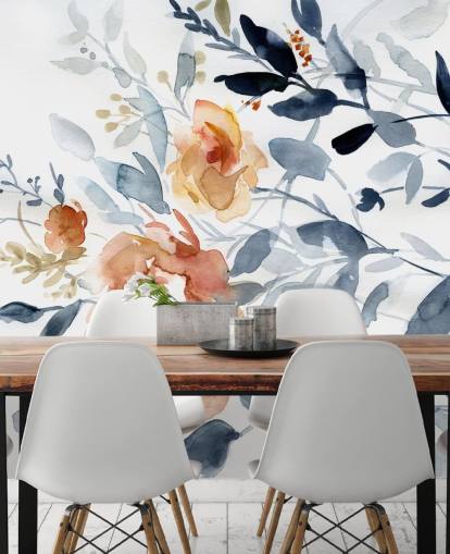 blue and salmon floral wallpaper mural called Flowering Branches by Carol Robinson for bedrooms blue and salmon floral wallpaper mural called Flowering Branches by Carol Robinson for bedrooms