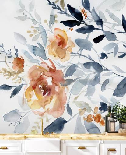 blå og laks blomstertapet veggmaleri kalt Flowing Branches av Carol Robinson for soverom blå og laks blomstertapet veggmaleri kalt Flowing Branches av Carol Robinson for soverom