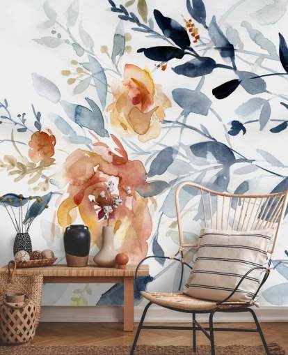 Blumentapete in Blau und Lachs namens Flowering Branches von Carol Robinson für Schlafzimmer Blumentapete in Blau und Lachs namens Flowering Branches von Carol Robinson für Schlafzimmer