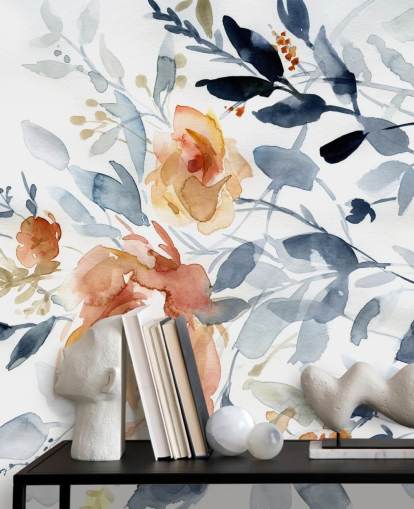 blauwe en zalmkleurige bloemenbehangmuurschildering genaamd Flowering Branches van Carol Robinson voor slaapkamers blauwe en zalmkleurige bloemenbehangmuurschildering genaamd Flowering Branches van Carol Robinson voor slaapkamers