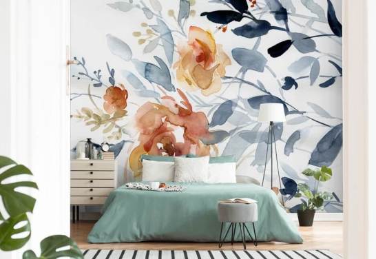 blå og laks blomstertapet veggmaleri kalt Flowing Branches av Carol Robinson for soverom