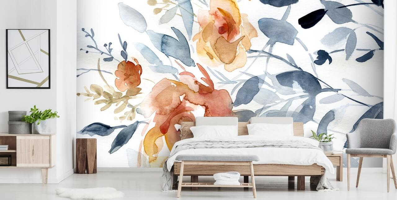 blå og laks blomstertapet vægmaleri kaldet Flowing Branches af Carol Robinson til soveværelser