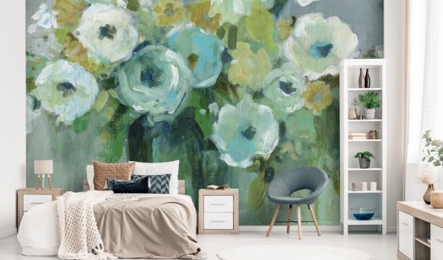 Groene bloemen in een vaas muurschildering