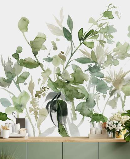 green and white customisable garden wallpaper mural called Garden Sage by Carol Robinson for bedrooms or lounges green and white customisable garden wallpaper mural called Garden Sage by Carol Robinson for bedrooms or lounges