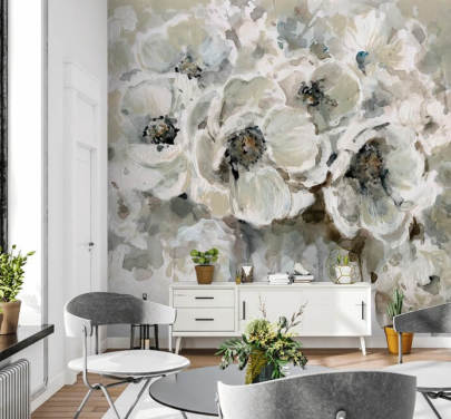 grijze aanpasbare bloemenbehangmuurschildering genaamd Neutral Bouquet van Carol Robinson voor slaapkamers