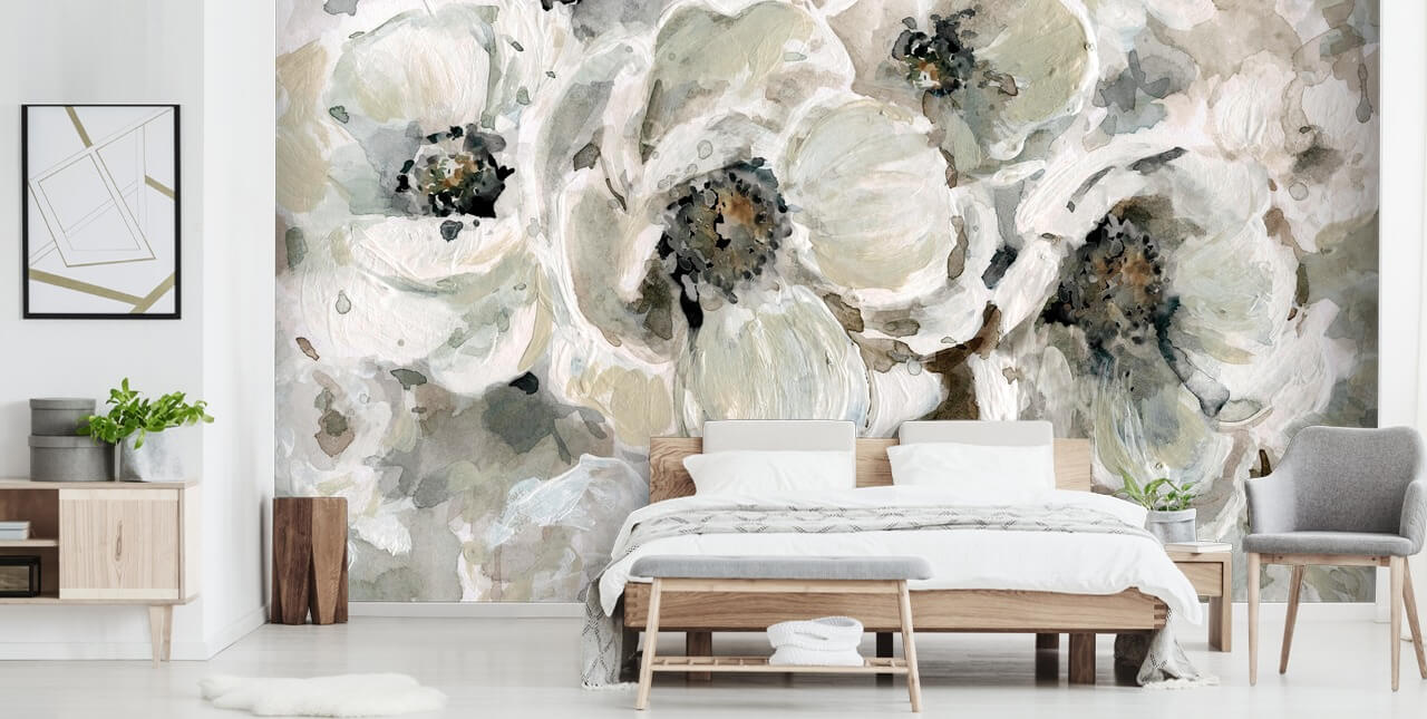 gray customizable floral wallpaper mural called Neutral Bouquet by Carol Robinson for bedrooms