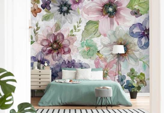 Paarse en roze bloemen behang
