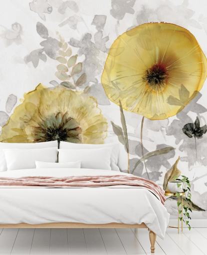 guld och grå anpassad blommig tapetväggmålning kallad Transparent Gold av Carol Robinson för matsalar guld och grå anpassad blommig tapetväggmålning kallad Transparent Gold av Carol Robinson för matsalar