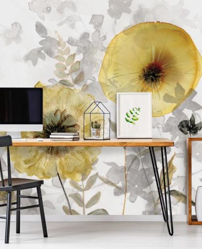 guld og grå brugerdefineret blomstertapet vægmaleri kaldet Transparent Gold af Carol Robinson til spisestuer guld og grå brugerdefineret blomstertapet vægmaleri kaldet Transparent Gold af Carol Robinson til spisestuer