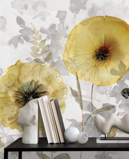 gouden en grijze op maat gemaakte bloemenbehangmuurschildering genaamd Transparent Gold van Carol Robinson voor eetkamers gouden en grijze op maat gemaakte bloemenbehangmuurschildering genaamd Transparent Gold van Carol Robinson voor eetkamers