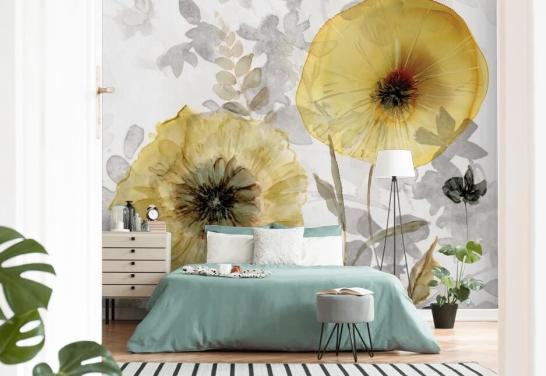 gold and gray custom floral wallpaper mural called Transparent Gold by Carol Robinson for dining rooms