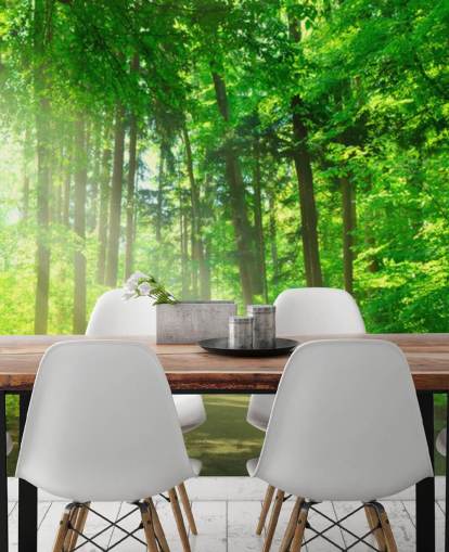 green customisable forest wallpaper mural called Forest Path in Sunshine green customisable forest wallpaper mural called Forest Path in Sunshine