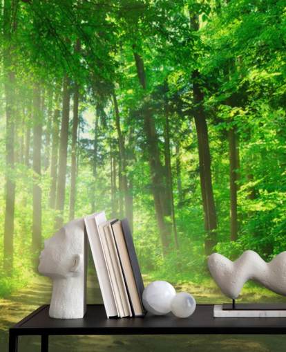 green customisable forest wallpaper mural called Forest Path in Sunshine green customisable forest wallpaper mural called Forest Path in Sunshine