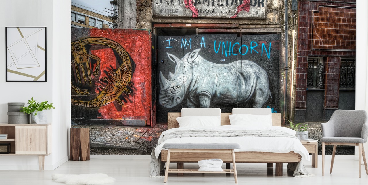 spray painted customizable graffiti wallpaper mural called Be What You Want to Be by Nick Jackson for bedrooms or office