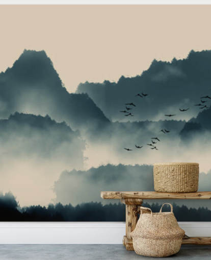 misty landscape wallpaper mural with birds misty landscape wallpaper mural with birds