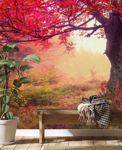 röd och grön anpassningsbar trädtapet väggmålning kallad Autumn Forest Meadow för sovrum och lounger röd och grön anpassningsbar trädtapet väggmålning kallad Autumn Forest Meadow för sovrum och lounger
