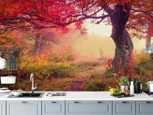 Wandtapete „Herbstliche Waldwiese“, personalisierbar, Rot und Grün, für Schlafzimmer und Lounges