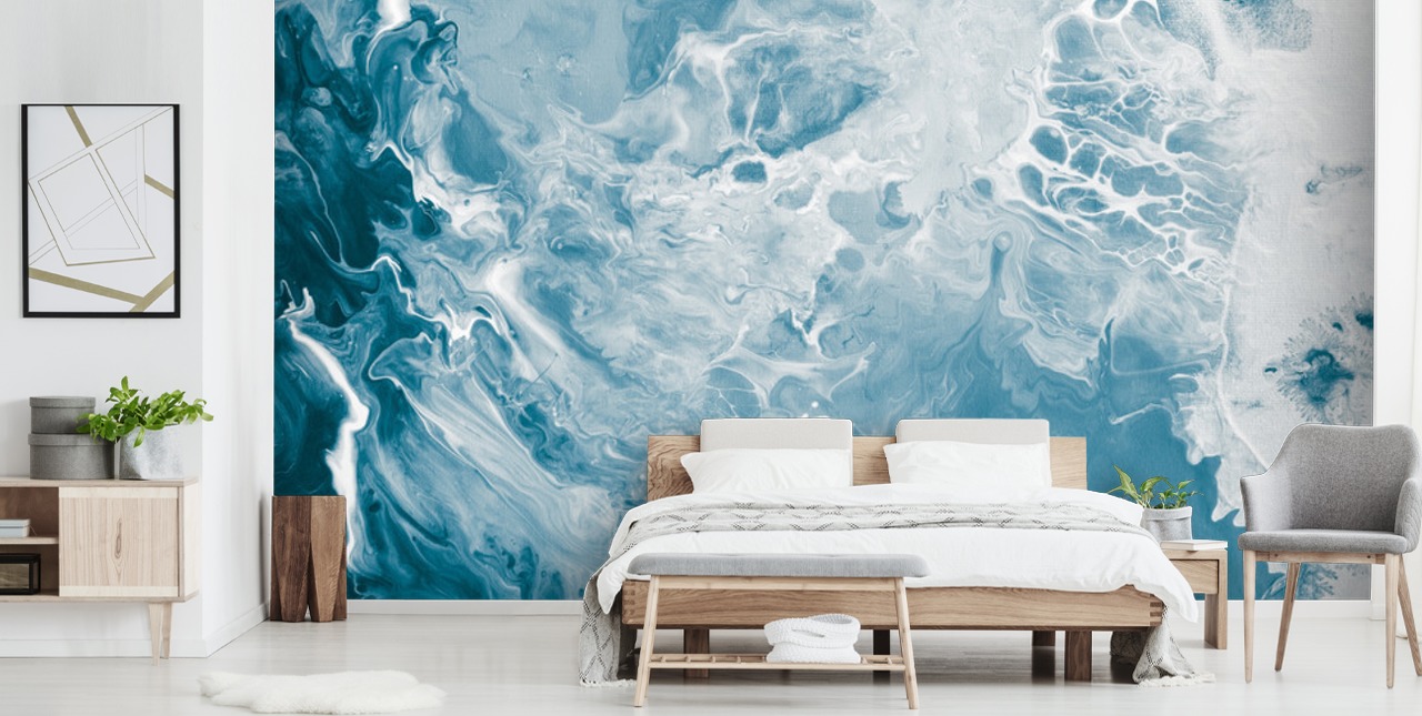 papier peint mural en marbre bleu et blanc appelé Blues pour les salles de bain, les chambres et les cuisines