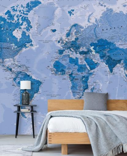 blue customizable world map wallpaper mural called World Map Blue for bedrooms and living rooms blue customizable world map wallpaper mural called World Map Blue for bedrooms and living rooms