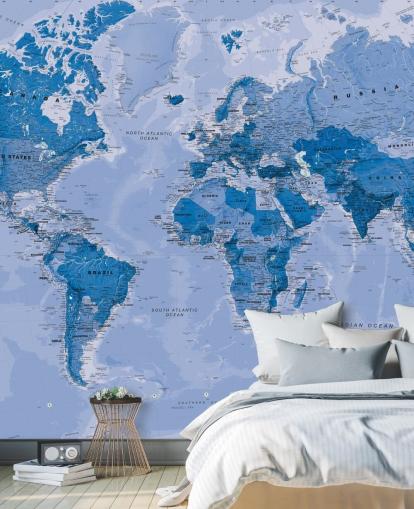 blue customizable world map wallpaper mural called World Map Blue for bedrooms and living rooms blue customizable world map wallpaper mural called World Map Blue for bedrooms and living rooms