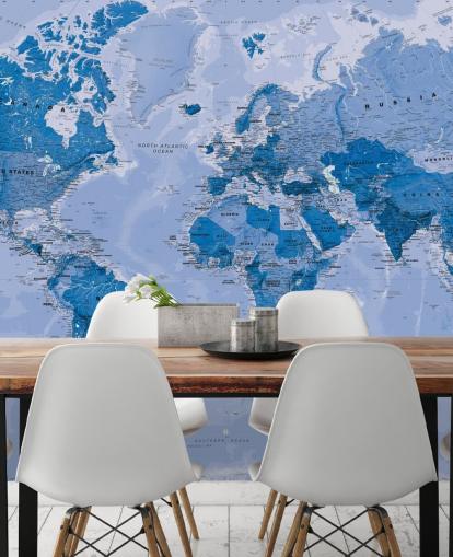mural de papel de parede azul personalizável do mapa-múndi chamado World Map Blue para quartos e salas de estar mural de papel de parede azul personalizável do mapa-múndi chamado World Map Blue para quartos e salas de estar