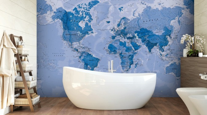 blå tilpasselig verdenskort tapetmaleri kaldet World Map Blue til soveværelser og stuer