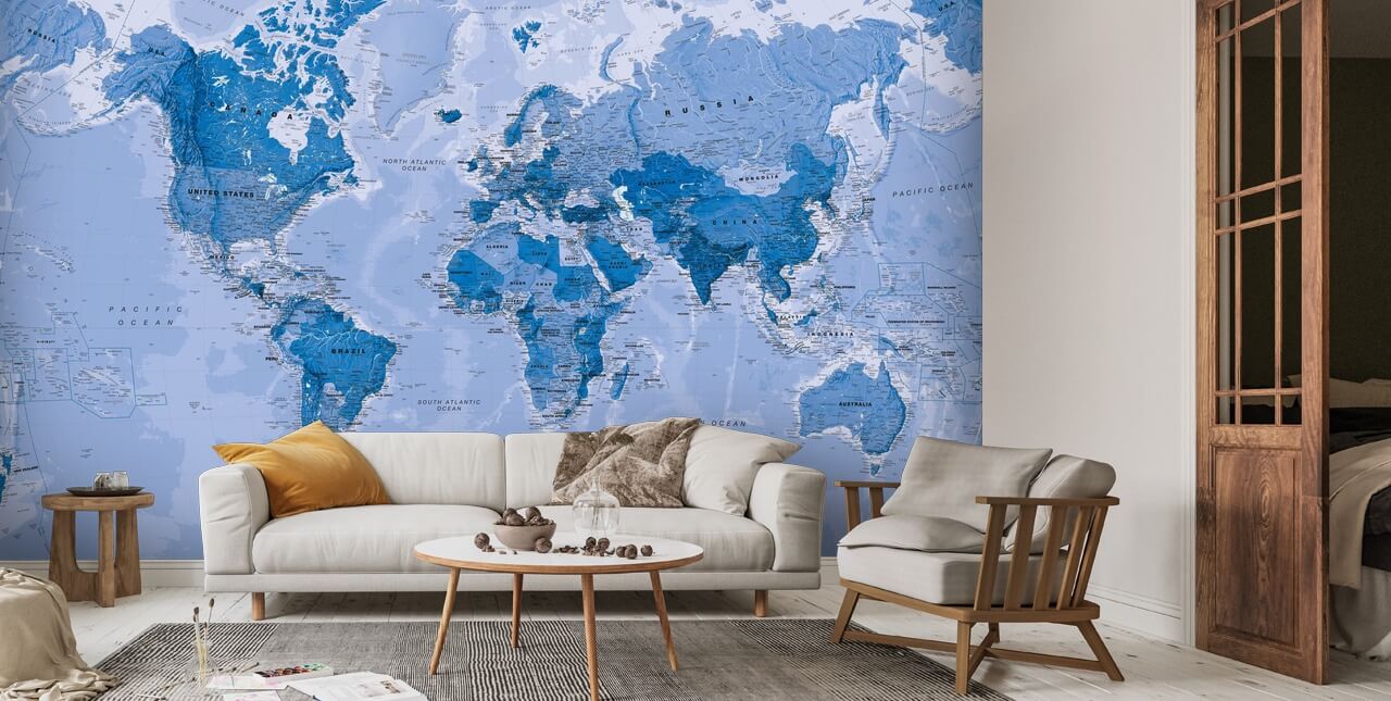 World Map Blue Wall Mural Wallsauce Uk