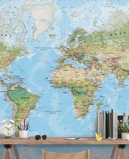 grön och blå världskarta tapet kallad World Environmental Map av Lovell Johns för hemmakontor grön och blå världskarta tapet kallad World Environmental Map av Lovell Johns för hemmakontor