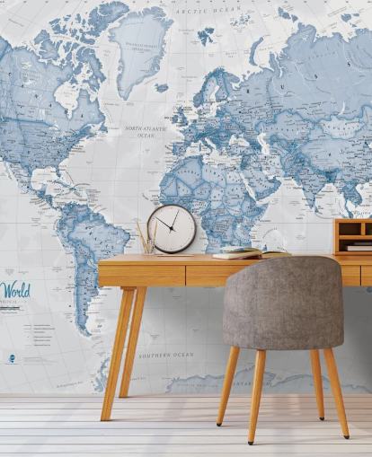 blå anpassad världskarta tapetväggmålning kallad World Political Blue av Lovell Johns för kontor och sovrum blå anpassad världskarta tapetväggmålning kallad World Political Blue av Lovell Johns för kontor och sovrum