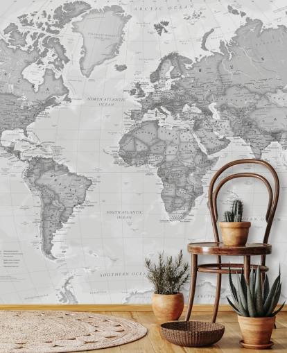 grey world map wallpaper mural called World Political Grey by Lovell Johns for offices, living rooms and kitchens grey world map wallpaper mural called World Political Grey by Lovell Johns for offices, living rooms and kitchens