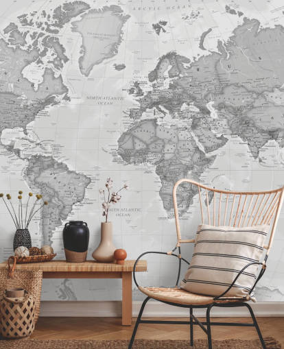 grijze wereldkaart behangmuurschildering genaamd World Political Grey van Lovell Johns voor kantoren, woonkamers en keukens grijze wereldkaart behangmuurschildering genaamd World Political Grey van Lovell Johns voor kantoren, woonkamers en keukens