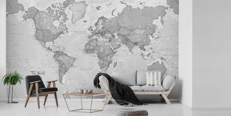 gray world map wallpaper mural called World Political Gray by Lovell Johns for offices, living rooms and kitchens