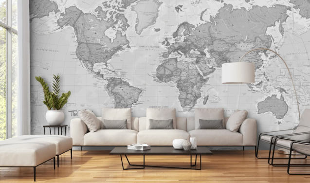 grey world map wallpaper mural called World Political Grey by Lovell Johns for offices, living rooms and kitchens
