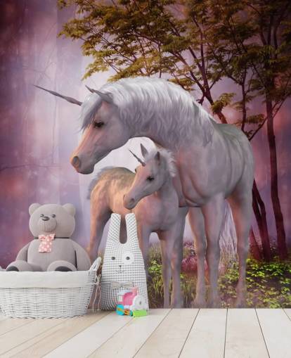 Unicorn and its Foal in Pink Forest Wall Mural Unicorn and its Foal in Pink Forest Wall Mural